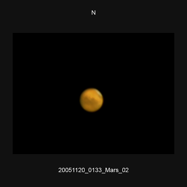 20051120_0133_Mars_02.JPG -   Newton d 309,5 / af 5730 (Barlow) & 4-hole-mask Phillips 740K UV-IR-Cut filter 640x480 500 single frames Giotto, A-PS-CS3  